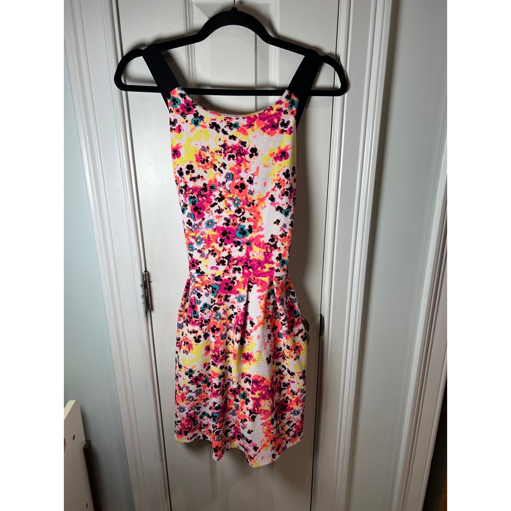 SO Women Floral Cross Back Fit Flare Dress Neon Pink Yellow Waffle Knit Large